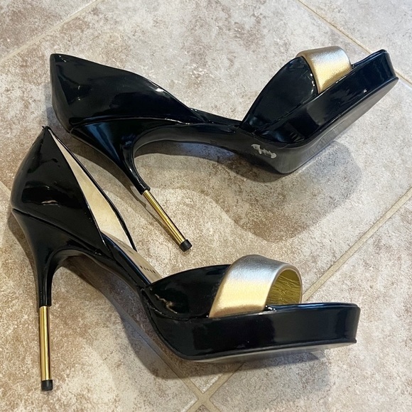 Bruno Frisoni d’orsay patent leather black & gold open toe stiletto heels 38 7.5 - Picture 4 of 10